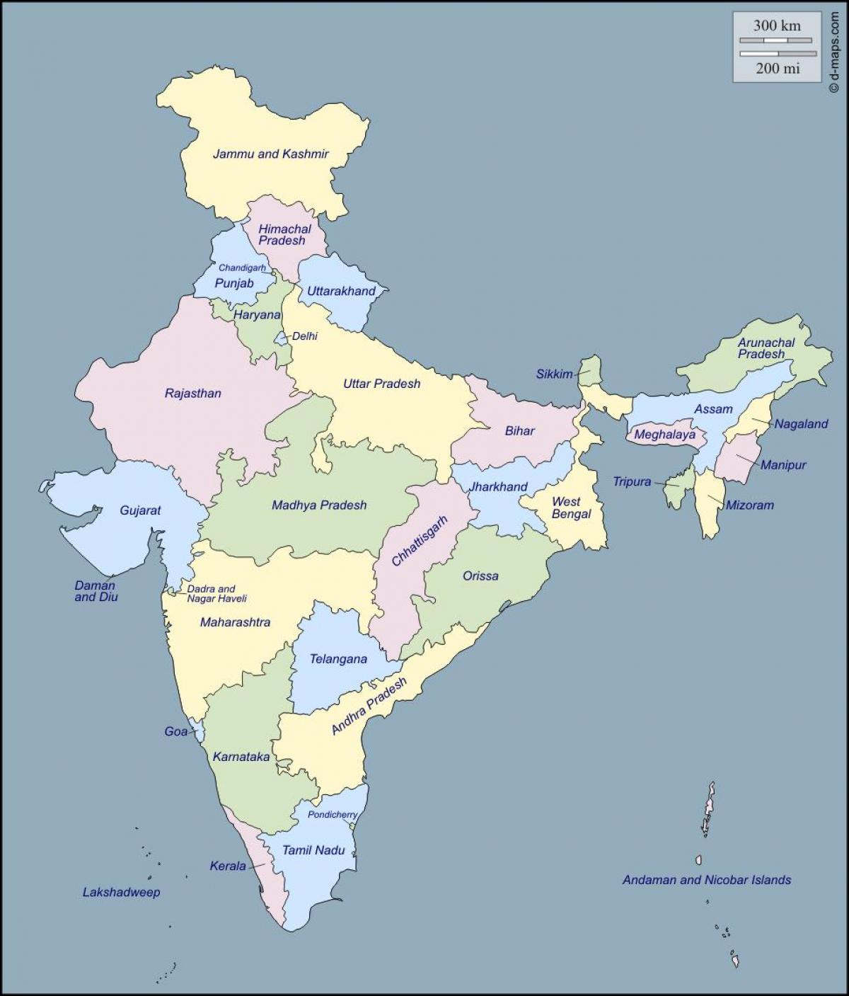 India map with names of states