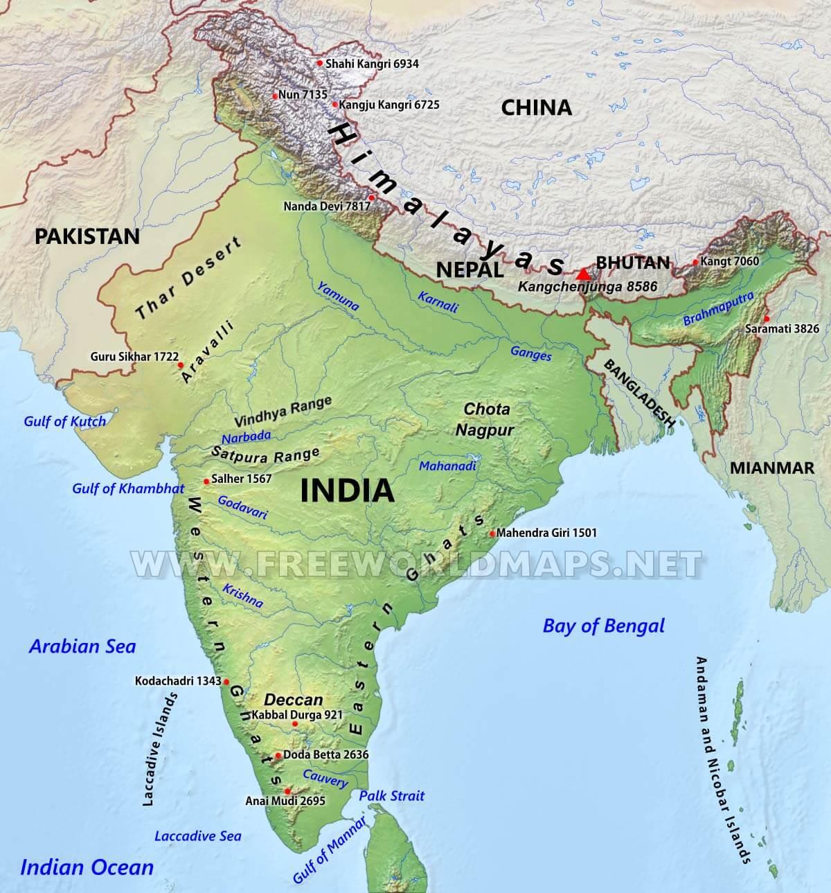 Mountain ranges of India map - Mountain ranges map of India (Southern ...