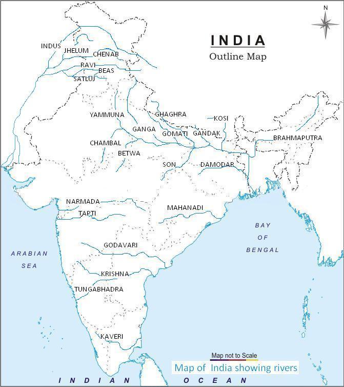 River outline map of India - India outline river map (Southern Asia - Asia)