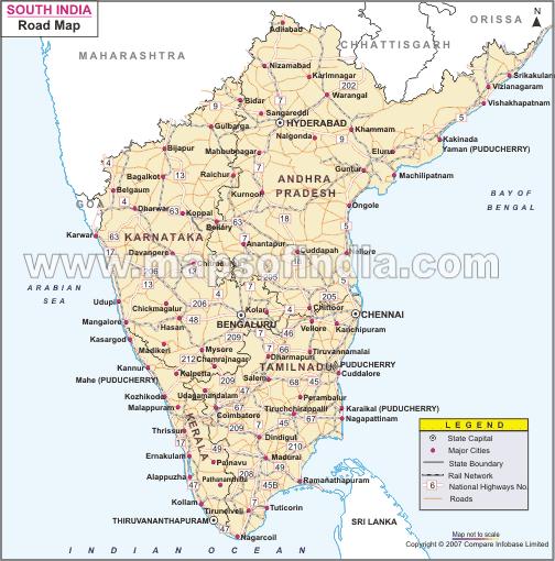 South Indian road map - Road map south India (Southern Asia - Asia)