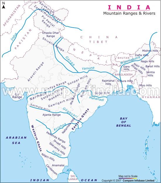 Mountain ranges in India map Map of mountain ranges in India