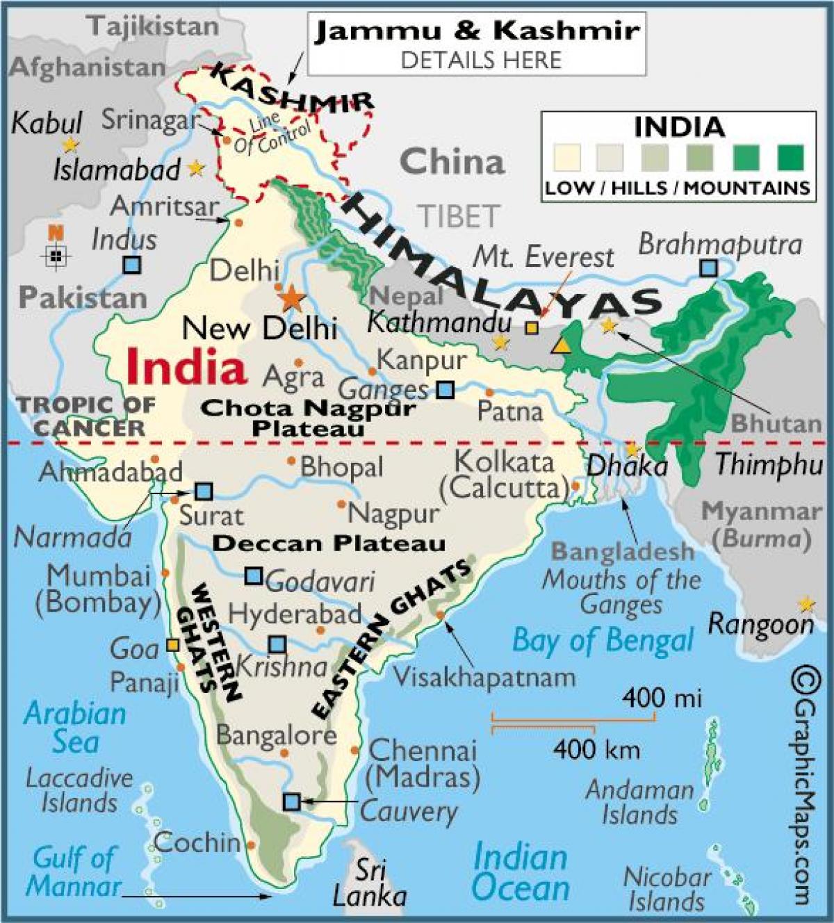 Mountains in India map - Map of mountains in India (Southern Asia - Asia)